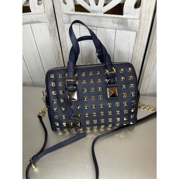 Michael Kors Navy Blue Leather Gold Studded Grayson Satchel Top Handle - Picture 4 of 12